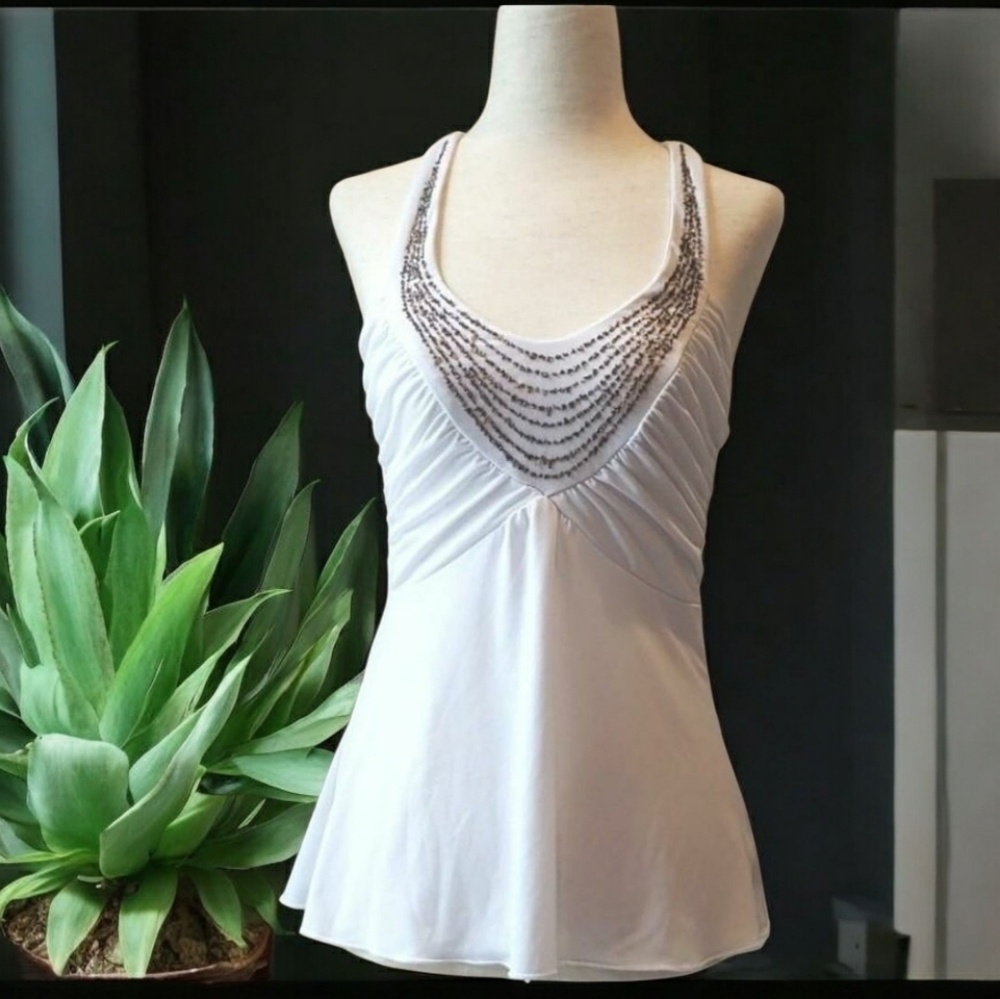 BCX Y2K White Beaded Wrap Around Neck Halter Top Size Medium